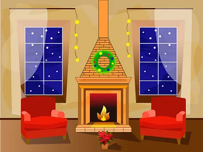 Let the wishes come true! chimney christmas design fire fireside flat house illustration night place room typography vector