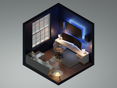 Isometric Home Office 3d 3d art 3d illustration art blender computer desk illustration interior isometric isometric art isometric design lighting lights office plant render sofa table