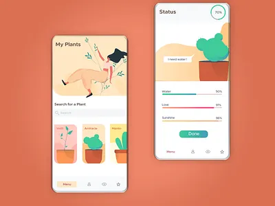 Plants care app app design application care colors hands illustration illustrator menu plant status ui ux vector woman