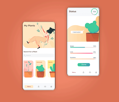 Plants care app app design application care colors hands illustration illustrator menu plant status ui ux vector woman