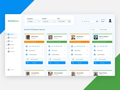 WorkDone Search Page - dashboard design for a concept project card cards clean colorful concept design job job board product search sidebar sidebar menu ui ui design ux web design work