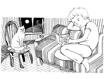 Reading the "HOW2BECOME A CAT" book black and white book illustration childrens book childrens illustration fairy tale illustration ink isolated monochromatic