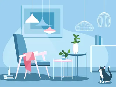 Cat and blue home cat furniture home lights logo 插图 花卉