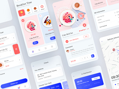 Breakfast app app blue breakfast card card design clean page flat food food and drink food app illustration ios ios12 pink ui ui design ux vector