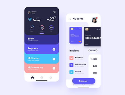 My Resident app (Home & Payment screen) apartments app cards event flat invoice mailroom mantenance mobile ui myresident package payment resident resident app ui uiux uiuxdesign ux weather