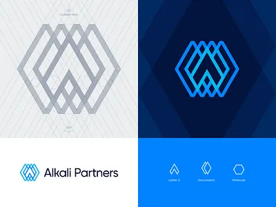 Alkali Partners approved logo grid arrow banking branding identity broker business chrystal construction consulting document golden ratio grid hexagon investment logo molecule neon overlap paper sale transparent