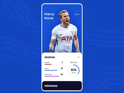 Soccer player profile dashboard performance player fantasy price football statistics game ui progress bar pie chart soccer app swipe cards overview