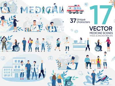Medicine Scenes Vector Template cartoon character clinic design disease doctor flat healthcare hospital illustration male man medic medical nurse patient physician research technology vector