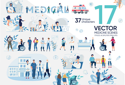 Medicine Scenes Vector Template cartoon character clinic design disease doctor flat healthcare hospital illustration male man medic medical nurse patient physician research technology vector