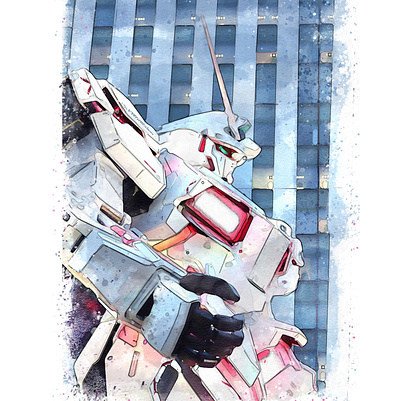 ガンダム - Gundam Statue Tokyo aquarell art character illustration japan mascot mixed media painting super hero watercolor