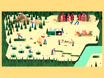 Expedition map adventure butterfly camp campfire camping cloudy compass dance dancing deer eating forest hangar man map party river road woods work