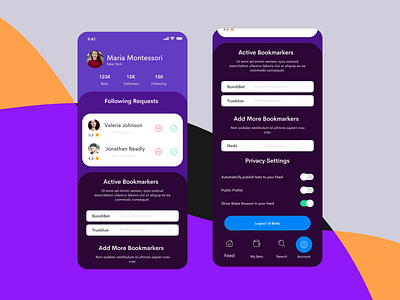 Bets and Followers app bets bookmarks dark design figma followers iphone iphone app mobile purple ui ui design