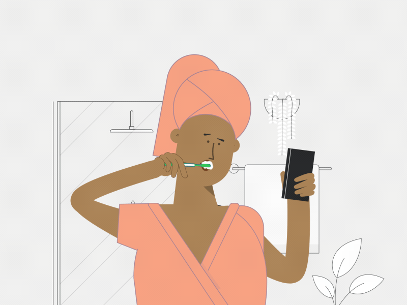 Getting ready! animation bathroom brushing clothing dressed loop phone shower towel transition trendy woman