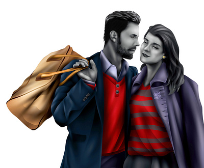Let Me Travel with You adobeillustator bag blackandwhite character contrast couple digitalart fashion flirt grayscale illustration love man romance romantic travel travel bag vector vectorart woman