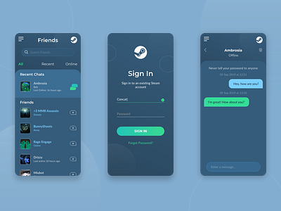 Steam App Redesign app design login messaging mobile steam ui ux