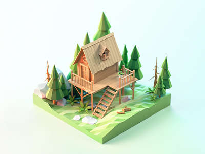 Chalet 3d c4d forest house pine