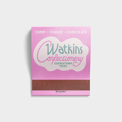 Watkins Confectionery branding candy chocolate logo matchbook script shakes texas type typography