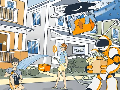 Amazon Borought amazon article illustration b2b business illustration drones ecommerce editorial illustration future illustration magazine cover neighbourhood robots suburb