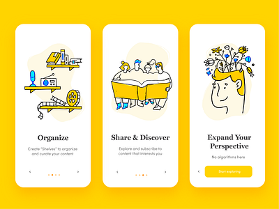 Bookshlf App Onboarding Illustrations app app design apple application book bright design drawing flowers freelance freelance illustrator happy illustration mobile onboarding reading ui ui design ux yellow