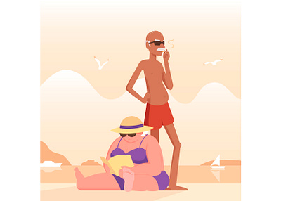 Senior couple on beach beach cartoon caucasian character female flat illustration man montenegro old reading relax sea smoking vacations vector woman