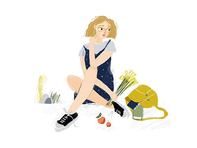 Girl portrait apple backpack flowers girl illustration picnic self portrait selfie