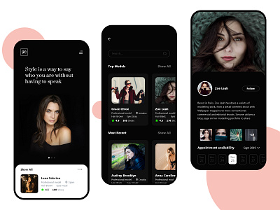 Model Management Mobile app all beautiful black branding card cute dribbble fashion find interface ios minimal mobileapp photooftheday products design search sexy typogaphy ui webdesign