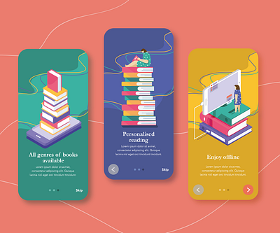 Onboarding screens for an E- Book App app book design onboarding screen ui ux