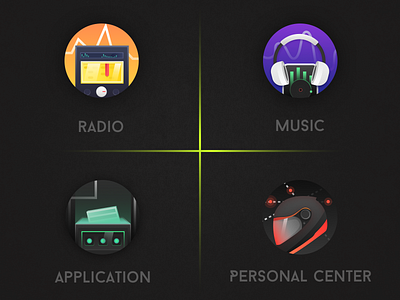 Design of automotive theme Icon application black green icon music radio red yellow