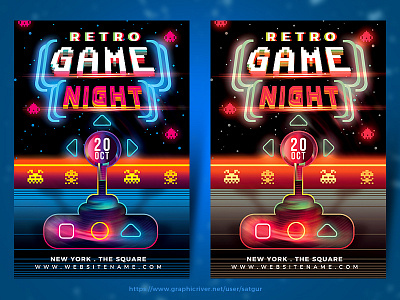 Retro Game Night Flyer Template advertisement club dj night event flyer flyer game station gamer night joystick kids layout nightclub party flyer photoshop poster print design retro game night flyer retrowave synthwave tournament win