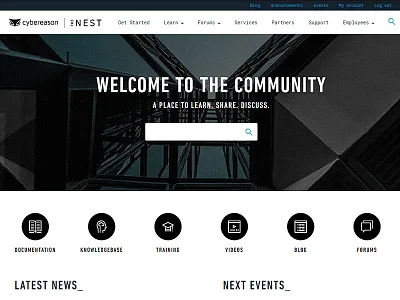 CYBEREASON COMMUNITY PLATFORM : THE NEST announcement blog communication community cyber cyber security discuss documentation events forum icons knowledge knowledgebase nest platform search search engine share training videos