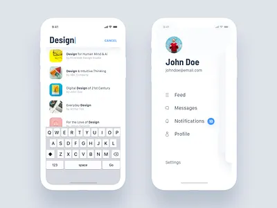 Search & Side Menu android app design ecommerce ios iphone light mobile navigation profile search search bar sidemenu social ui ux