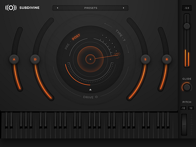 SubDivine 808 bass blender branding dark design drum gui instrument interface logo music neumorphism orange production sketch skeumorphism ui ux vst