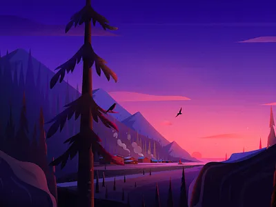 Coastal Town birds colour evening hill illustration landscape light moss nature sunset town tree vector