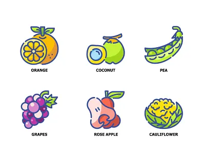 Fruits And Vegetables Fill Outline icon set cauliflower coconut color design flat fruits grape icon illustration orange outline pea rose apple vector vegetables