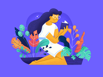 Greenery girl book character dribbble forest girl glasses google illustration monstera plants procreate reading skirt