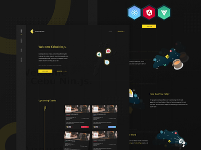 JavaScript Cebu Design Concept about angular black blog branding cebu dark design events frameworks home illustrations javascript js landingpage light organization react vue yellow