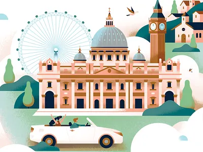 Offpeak Travel architecture big ben building car city clock tower europe ferris wheel flat illustration lifestyle pastel people roadtrip texture travel vector village
