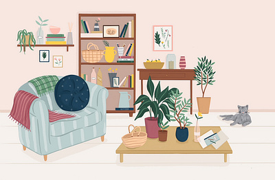 Living Room amelia flower book digital folioart green home illustration interior procreate publishing