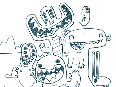 Getting the gang back together - Monsters 80s bird blake stevenson bug cartoon character design cute eyes hipster horns illustration jetpacks and rollerskates kids monster rabbit retro teeth weird