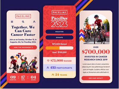 Paceline Cycling Fundraising Event for Cancer Cure and Research arch arrow cancer charity countdown cure cycle design donate fundraising homepage non profit oval pastel pink red site ui ux website