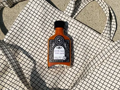 Hot sauce in my bag badge baggu bottle brand branding bunny cult fire food hot identity label logo occult packaging rabbit sauce skeleton sticker taco