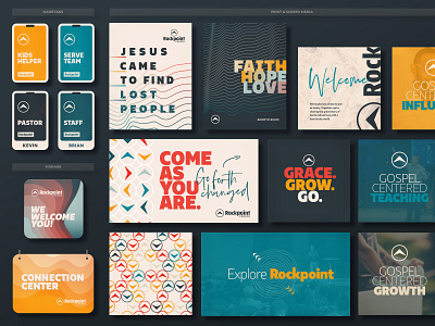 Rockpoint Church Brand Aesthetic brand identity branding church branding nametags print screen signage system visual identity visual language waves