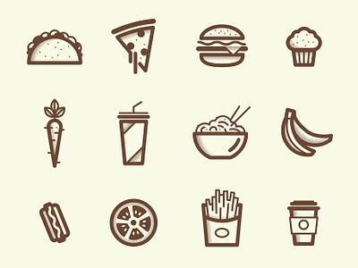 Dining Icons banana carrot cheeseburger coffee food french fries halftone hamburger hotdog icons set junk food lineart menu muffin pizza ramen soda softdrink taco tomatoe