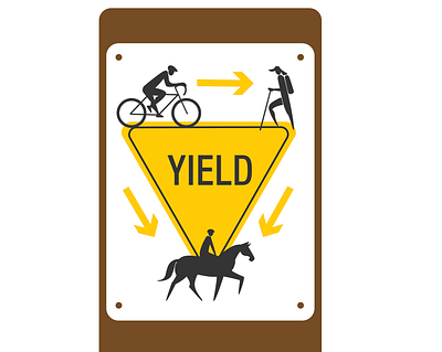 Yield Sign for Multi Use Trail bicycle bicyclist brown design hiker horse horse rider illustration park park sign pedestrian rider sign ui yellow yield