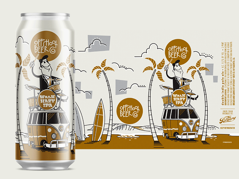 Offshoot Beer Can beach beer boards guitar hazy illustration ipa ocean packaging shark surf water waves