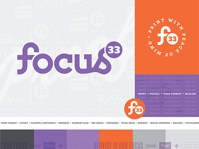 Focus 33 badge brand identity branding branding agency branding and identity branding design curves focus identity identity design identity designer lockup orange pattern print branding purple purple and orange tone on tone type lockup