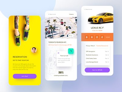 Car rental app. app car checkout clean details list map message mobile navigation price profile search ui vehicle