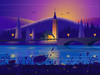 Summer night bird blue bridge building cloud design flower grass hometown illustration light mountain river summer sunrise sunset tree vector water