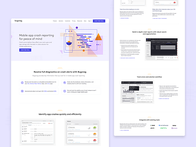 Bugsnag — mobile crash reporting page illustration landing page mobile reporting shapes website website design