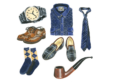 Manly Things acrylic acrylic painting brogues clothes editorial editorial illustration fashion illustration illustration art illustration design illustrator man masculine men paint painting pipe slippers traditional illustration